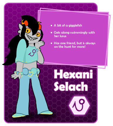 A "troll call" card for a seadweller by the name of Hexani Selach. Her hair swoops back with much volume imitating a shark fin while is tied in a ponytail in the back. Her horns are shaped like fishing hooks, along with her symbol. Her clothes are in shades of light blue and adorned with bubble-like jewelry and gold. The bulletpoints are: A bit of a gigglefish. Gets along swimmingly with her lusus. Has one friend, but is always on the hunt for more!"