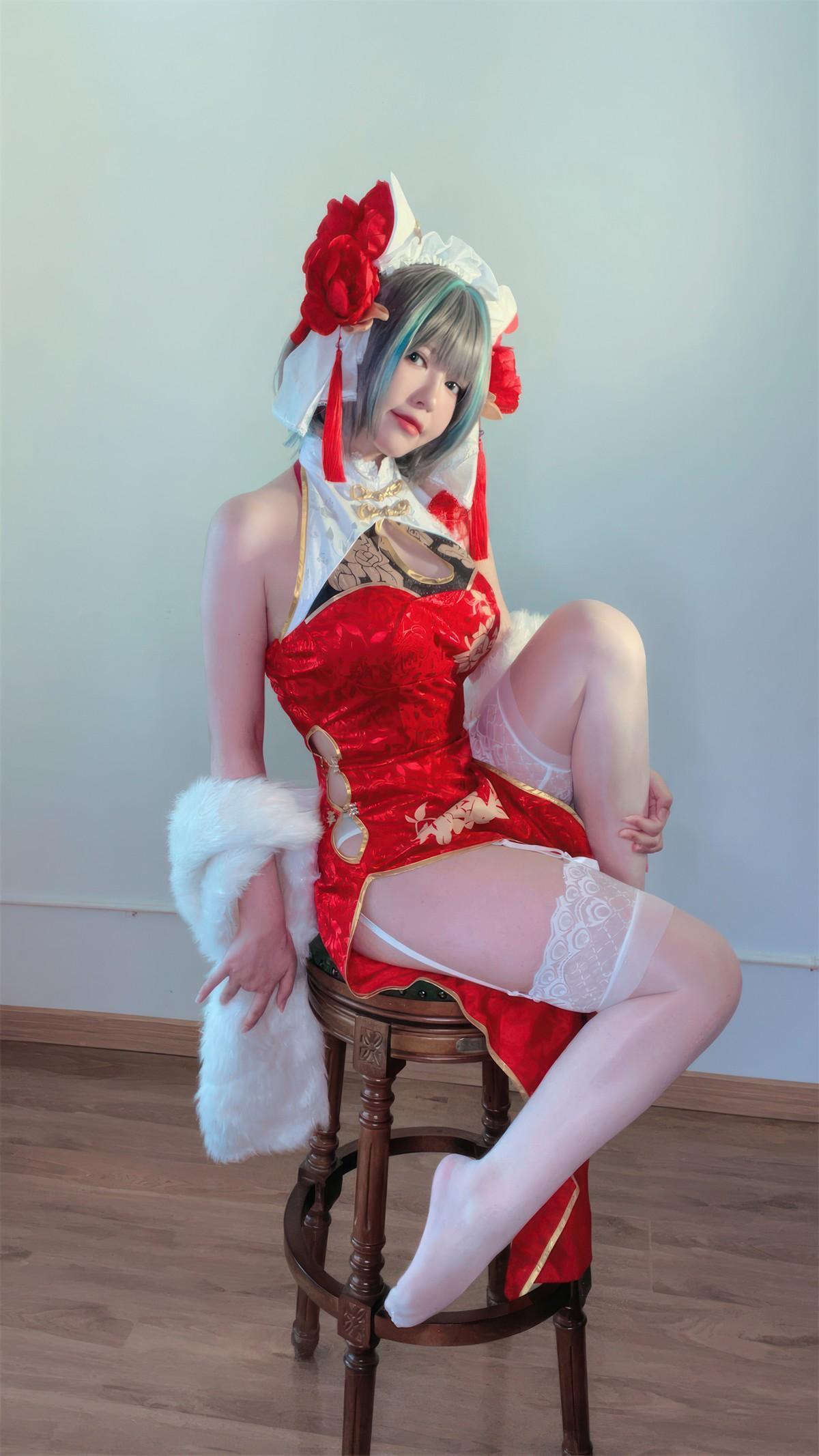 Cosplay 半半子Banbanko 柴郡中华娘旗袍(42)