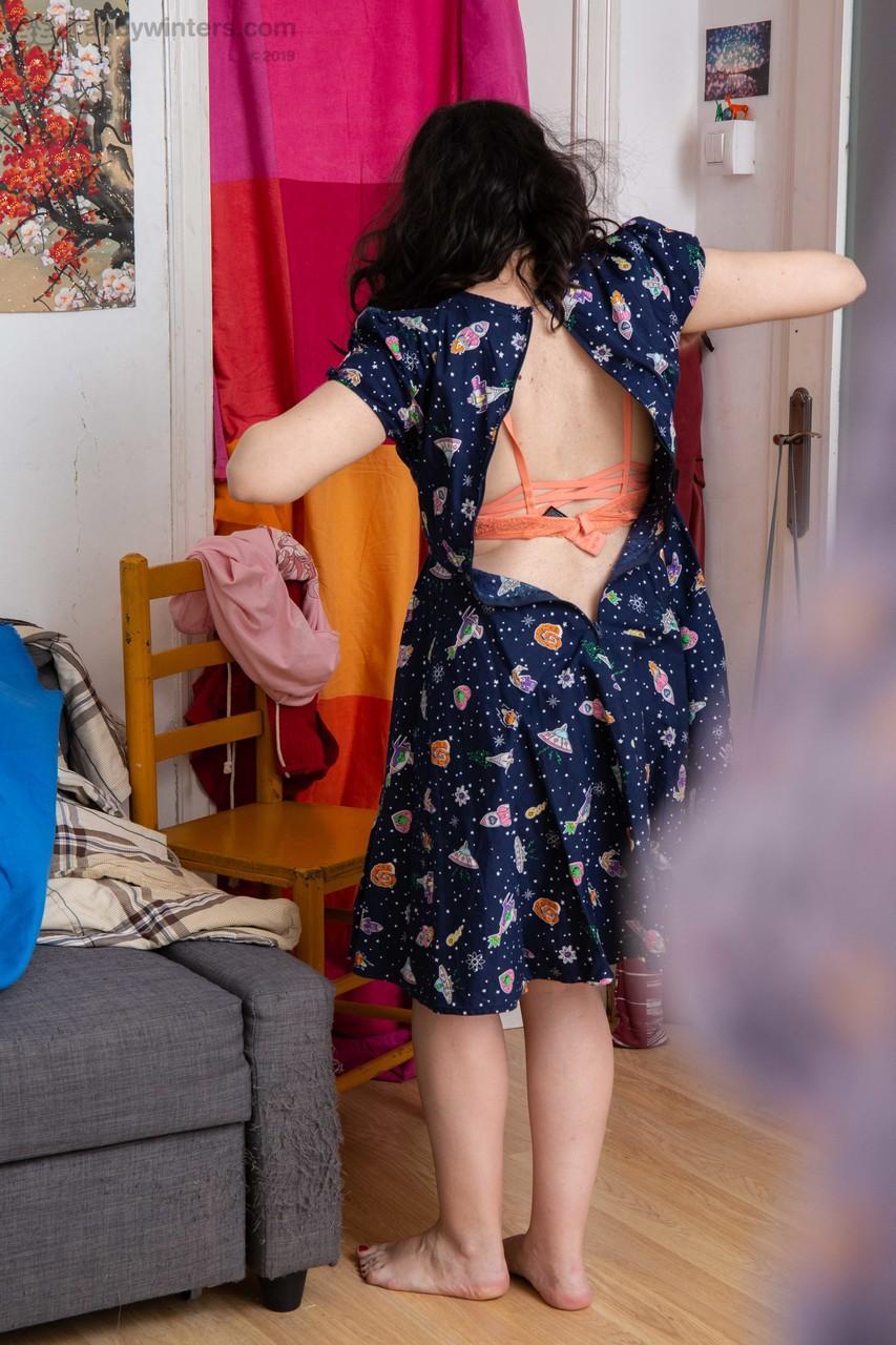 Australian nerd Irene A puts pink panties & a summer dress on her natural body(17)