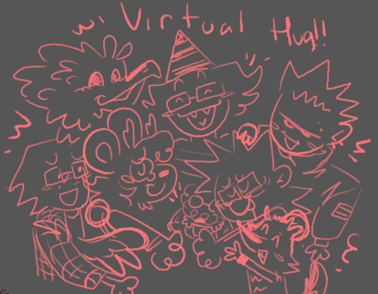a group drawing of all the sexynauts hugging with the text 'Virtual Hug!!' by Squid
