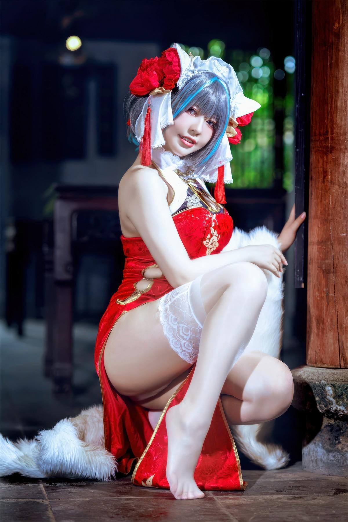 Cosplay 半半子Banbanko 柴郡中华娘旗袍(22)