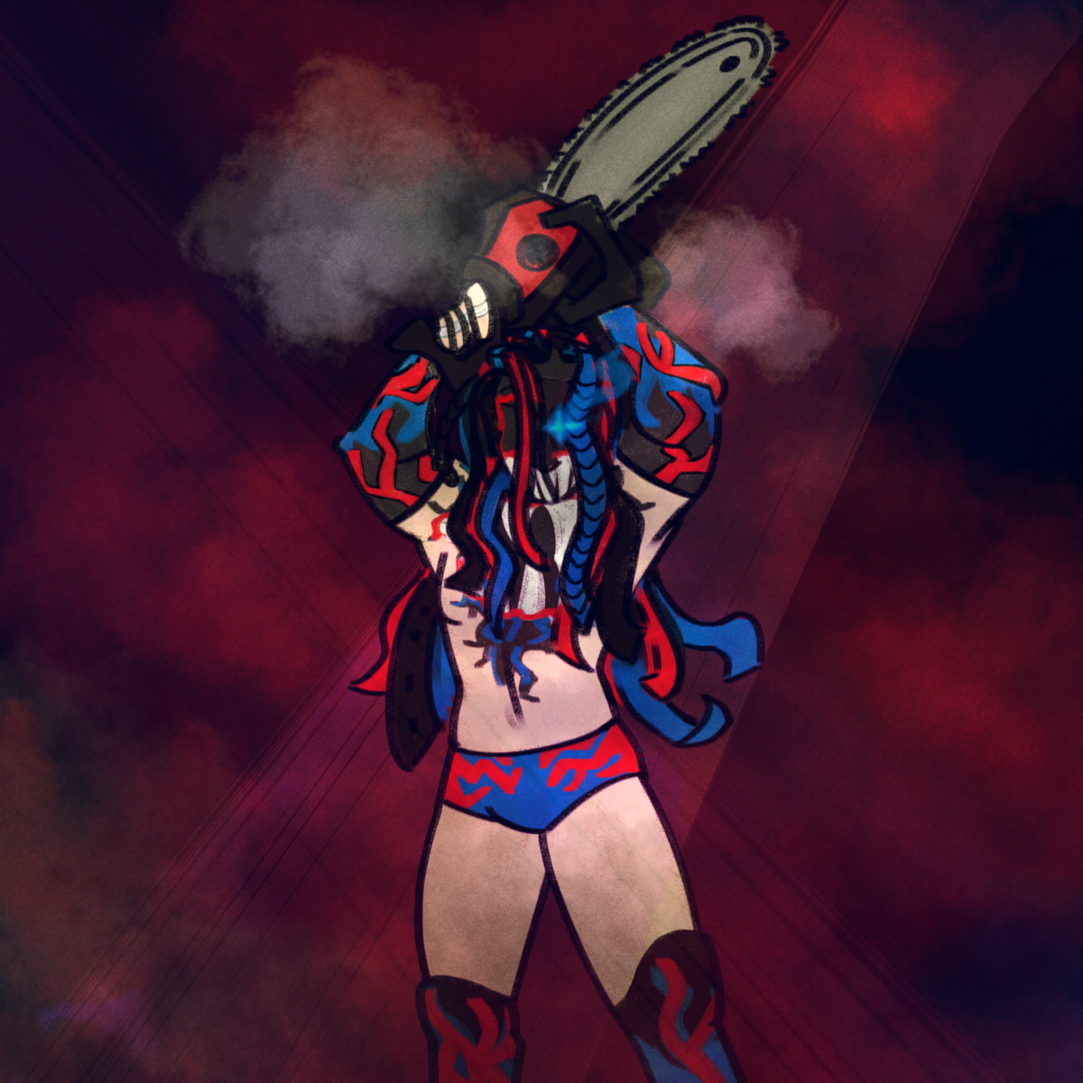 a drawing of Demon king Finn Balor. He is surrounded by black and red fog, and holds a smoking chainsaw above his head. Blue, red, and black ribbons cover his face, and a blue shimmer pokes out from between them, representing his right eye