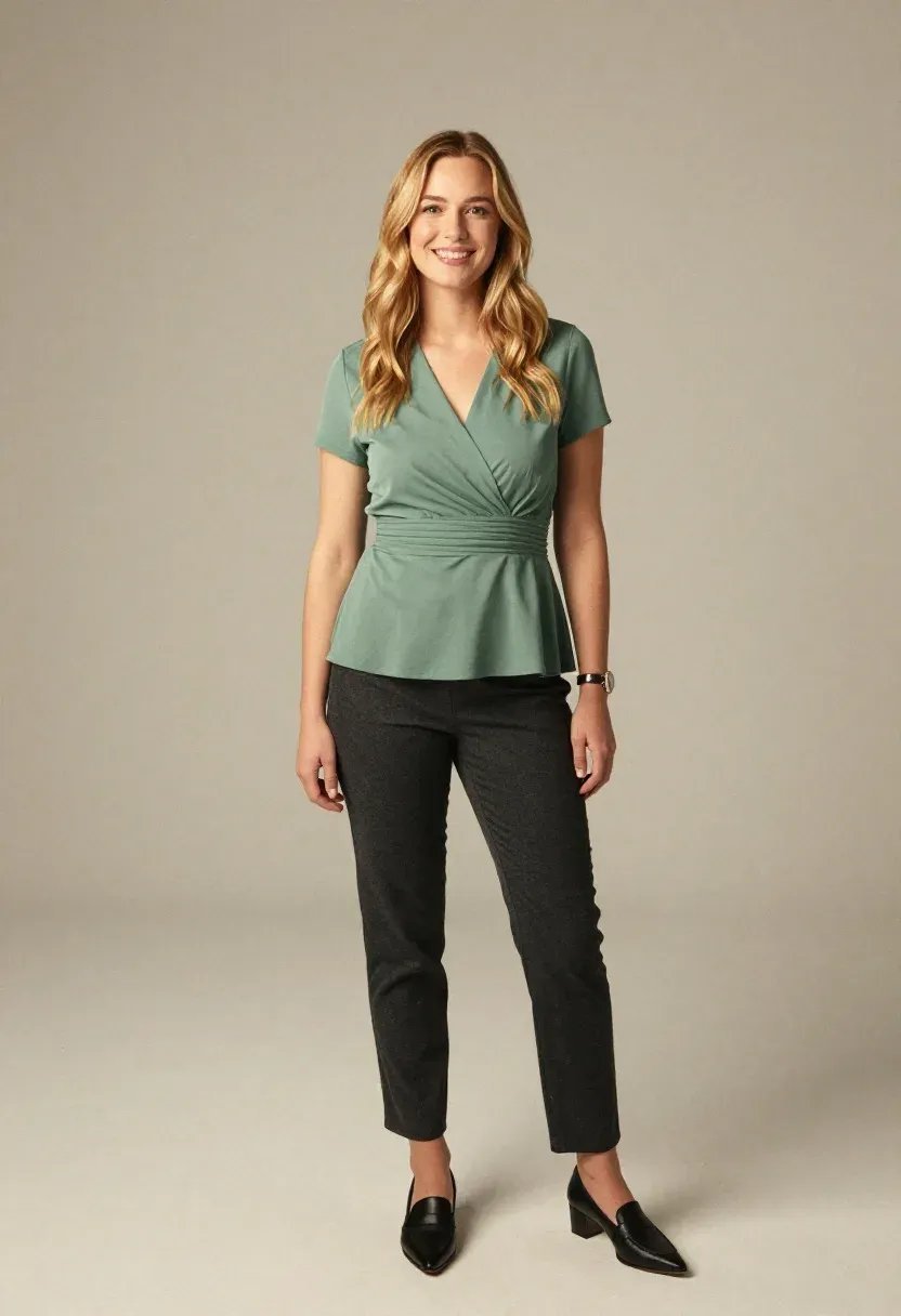 Blonde woman wearing a sage green ruched peplum top with charcoal slim trousers for an everyday sophisticated work outfit