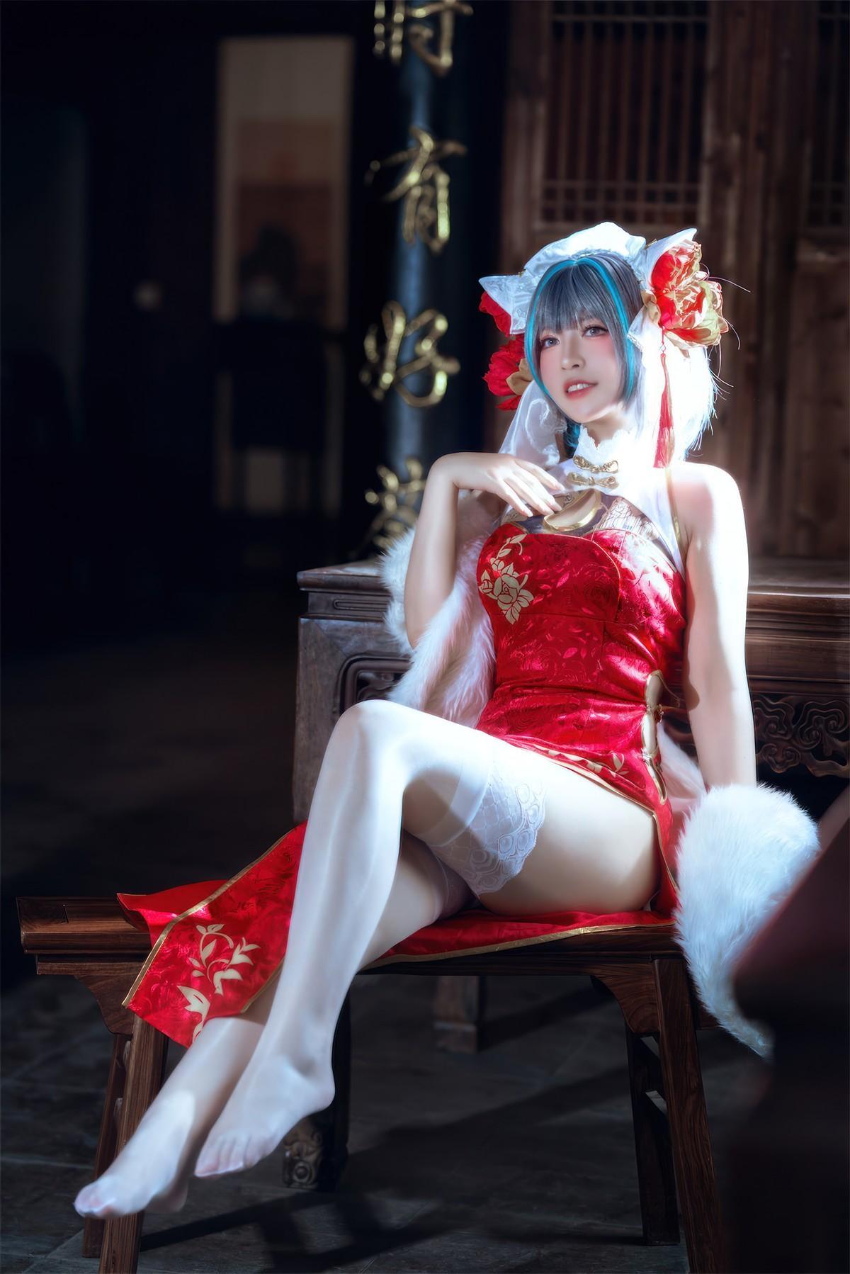 Cosplay 半半子Banbanko 柴郡中华娘旗袍(13)