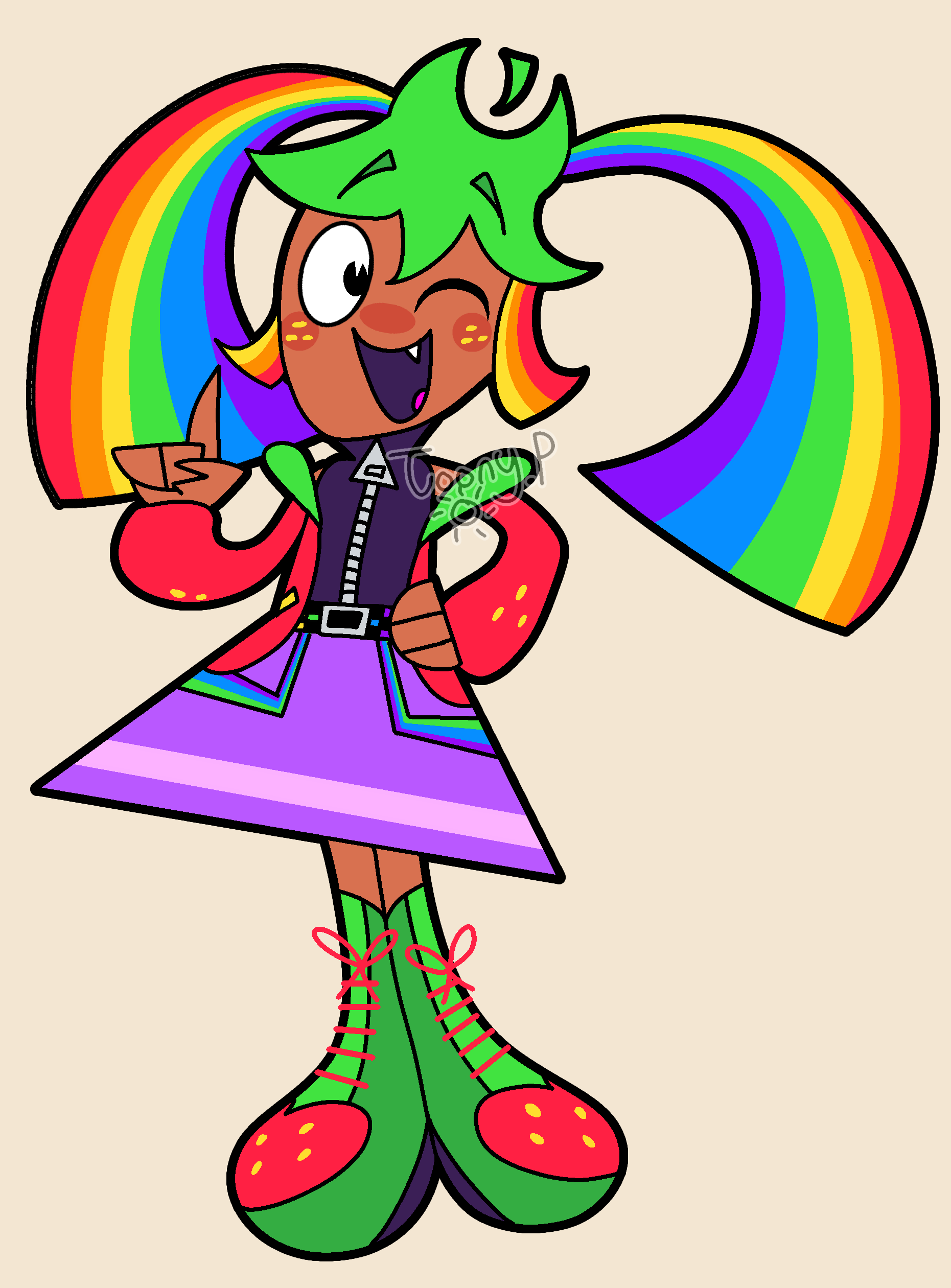 cartoon artwork of a girl in colorful clothing. she has rainbow pigtails, a strawberry-patterned hoodie, a black sleeveless shirt, a purple skirt, and green shoes with strawberry hearts. she is winking and smiling.