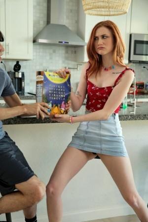 Amateur redhead Scarlet Skies bares her tiny tits & gets fucked by her stepbro