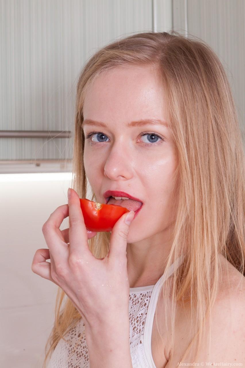 Adorable teen with red lipstick Alexandra rubs her bushy twat in the kitchen(2)