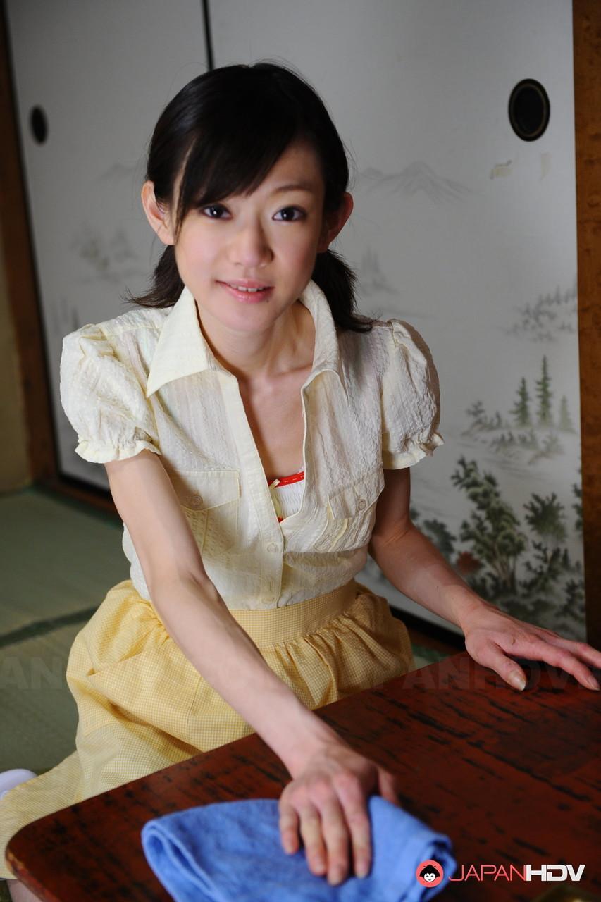 Young looking Japanese girl Aoba Itou changes into a sheer teddy(6)