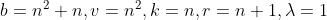 b=n^2+n,v=n^2,k=n,r=n+1,\lambda =1
