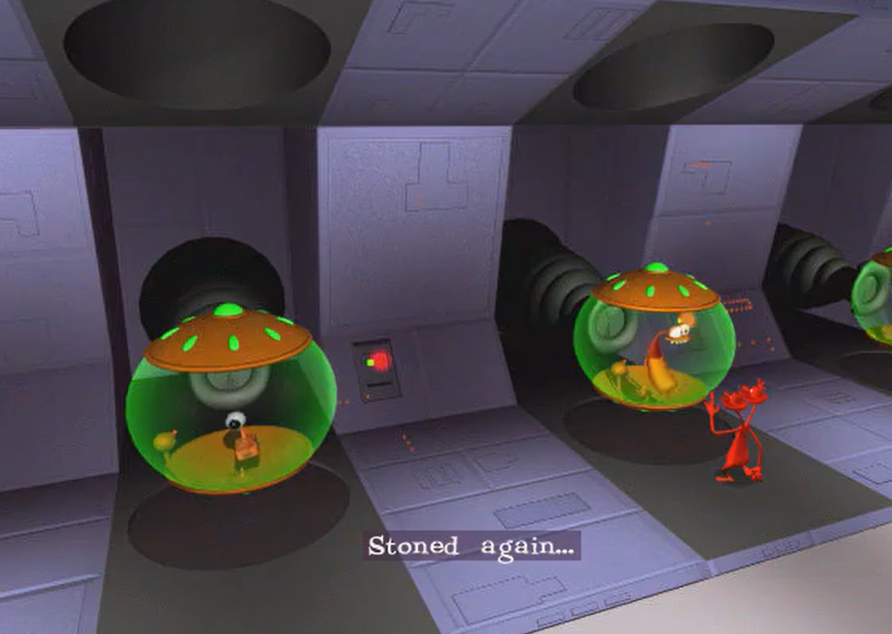 a screenshot of Stereo monovici pointing at bud saying 'Stoned again'