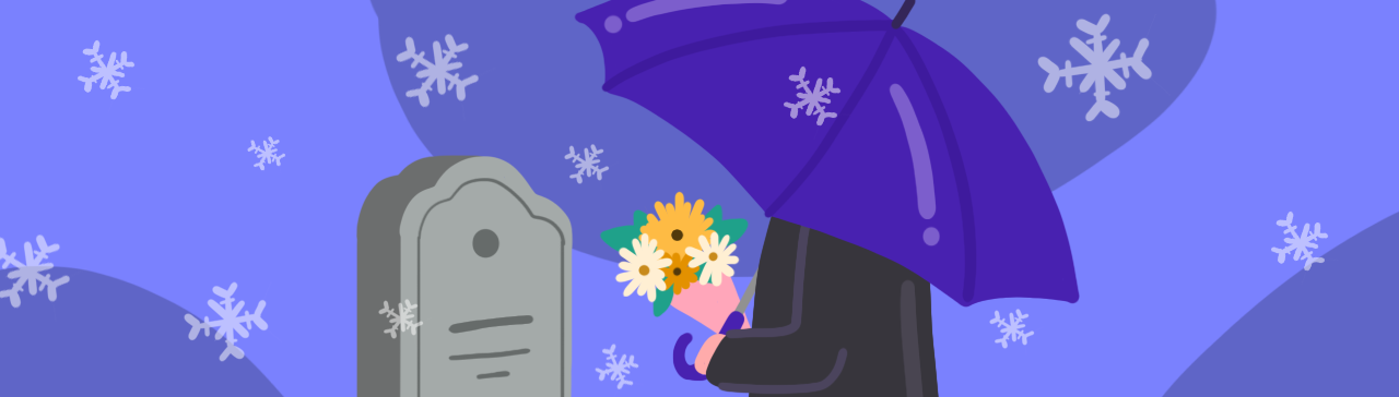 drawing of a person who has experienced loss and visits the grave of the person they lost