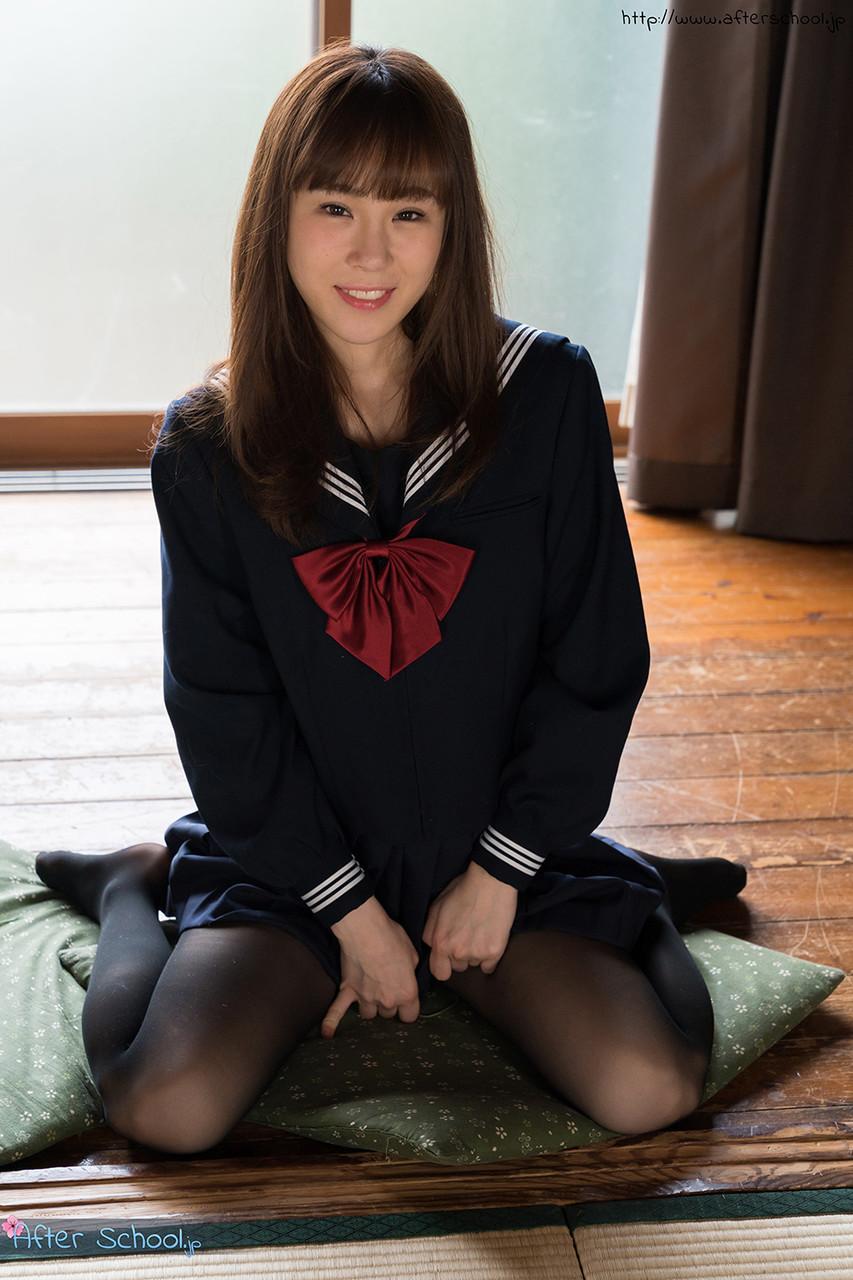 Japanese student releases her slim body from her school outfit on a cushion(3)