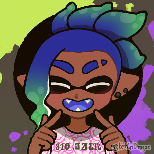 a drawing of an inkling character. they have dark skin, blue tentacles that fade into green, and a cut through their right eyebrow. their eyes are closed while they smile and point to their cheeks.