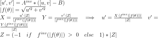 [u', v']=A^{inv}*([u,v]-B)\\ |f(\theta)|=\sqrt{u'^2+v'^2}\\ X=\frac{u' \cdot |Z|}{|f^{inv}(|f(\theta)|)|} \quad Y=\frac{v' \cdot |Z|}{|f^{inv}(|f(\theta)|)|} \quad \Longrightarrow \quad u'=\frac{X \cdot |f^{inv}(|f(\theta)|)|}{|Z|} \quad v'=\frac{Y \cdot |f^{inv}(|f(\theta)|)|}{|Z|}\\ Z=(-1 \quad if \quad f^{inv}(|f(\theta)|)\ >\ 0\quad else\quad 1)*|Z|