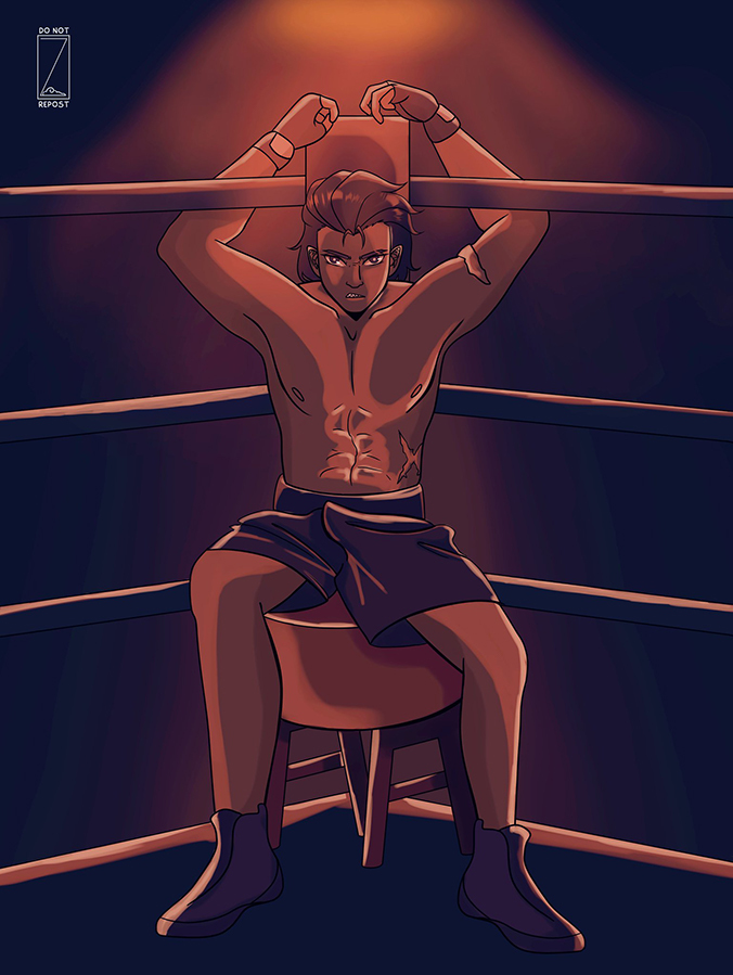 Illustration by Twitter user gyrogenya of Beam sitting on a stool at the edge of the ring, glaring straight at the viewer with his teeth bared. He has his arms slung back, resting on the pole behind him. The entire scene is cast in a tan orange light.