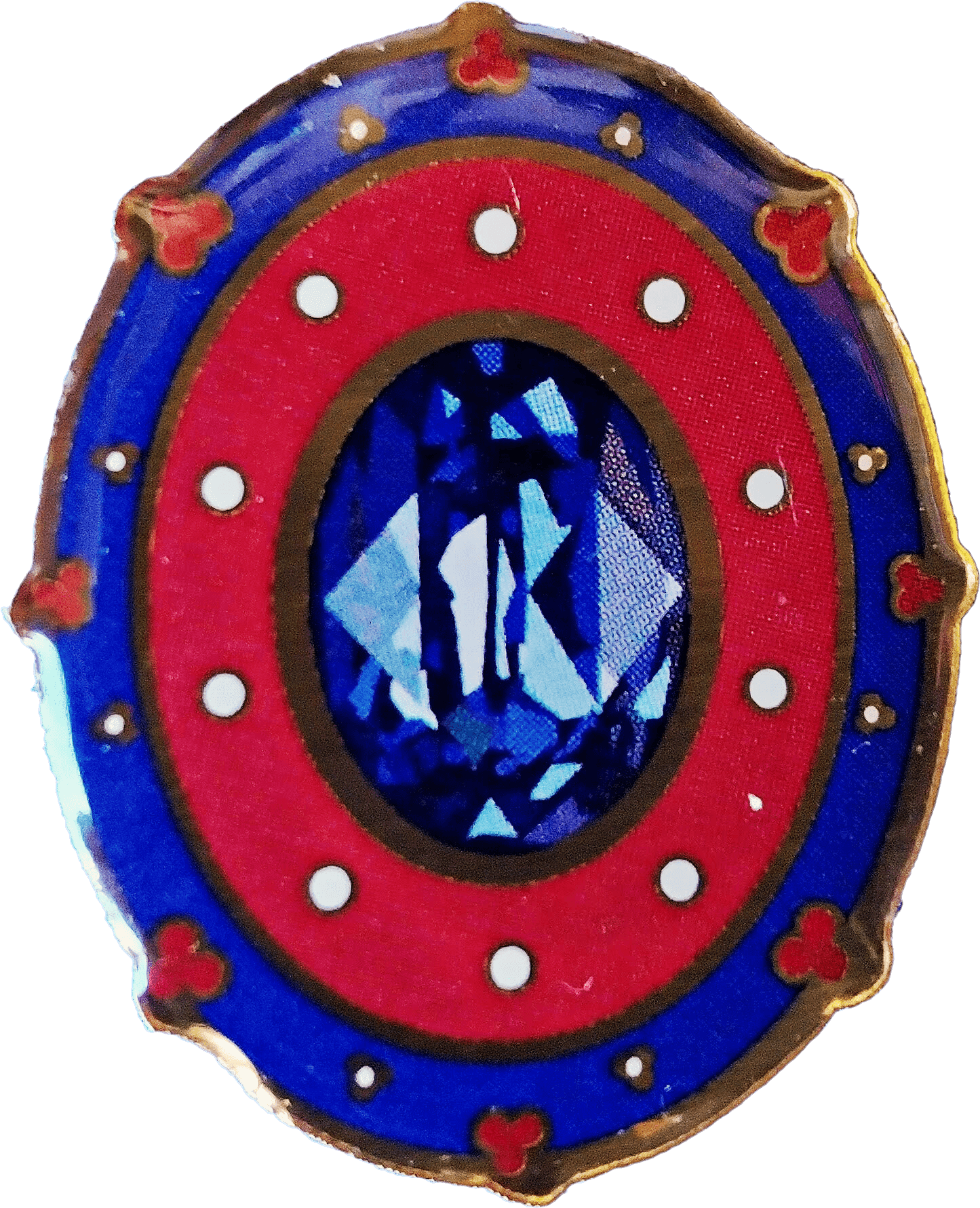An oval blue and red artistic design
