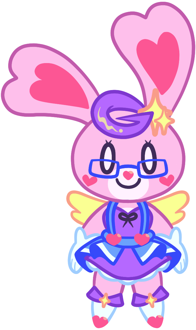 A pink rabbit creature with yellow wings, white gloves and purple hair, wearing blue glasses and a blue and purple magical girl-inspired outfit, with magenta and yellow accents.