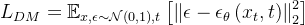 L_{D M}=\mathbb{E}_{x, \epsilon \sim \mathcal{N}(0,1), t}\left[\left\|\epsilon-\epsilon_{\theta}\left(x_{t}, t\right)\right\|_{2}^{2}\right]