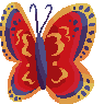 Red butterfly with gold and purple markings.