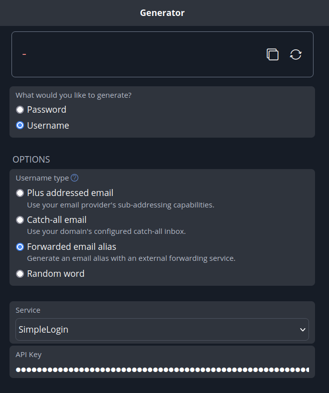 Email forwarding username generation