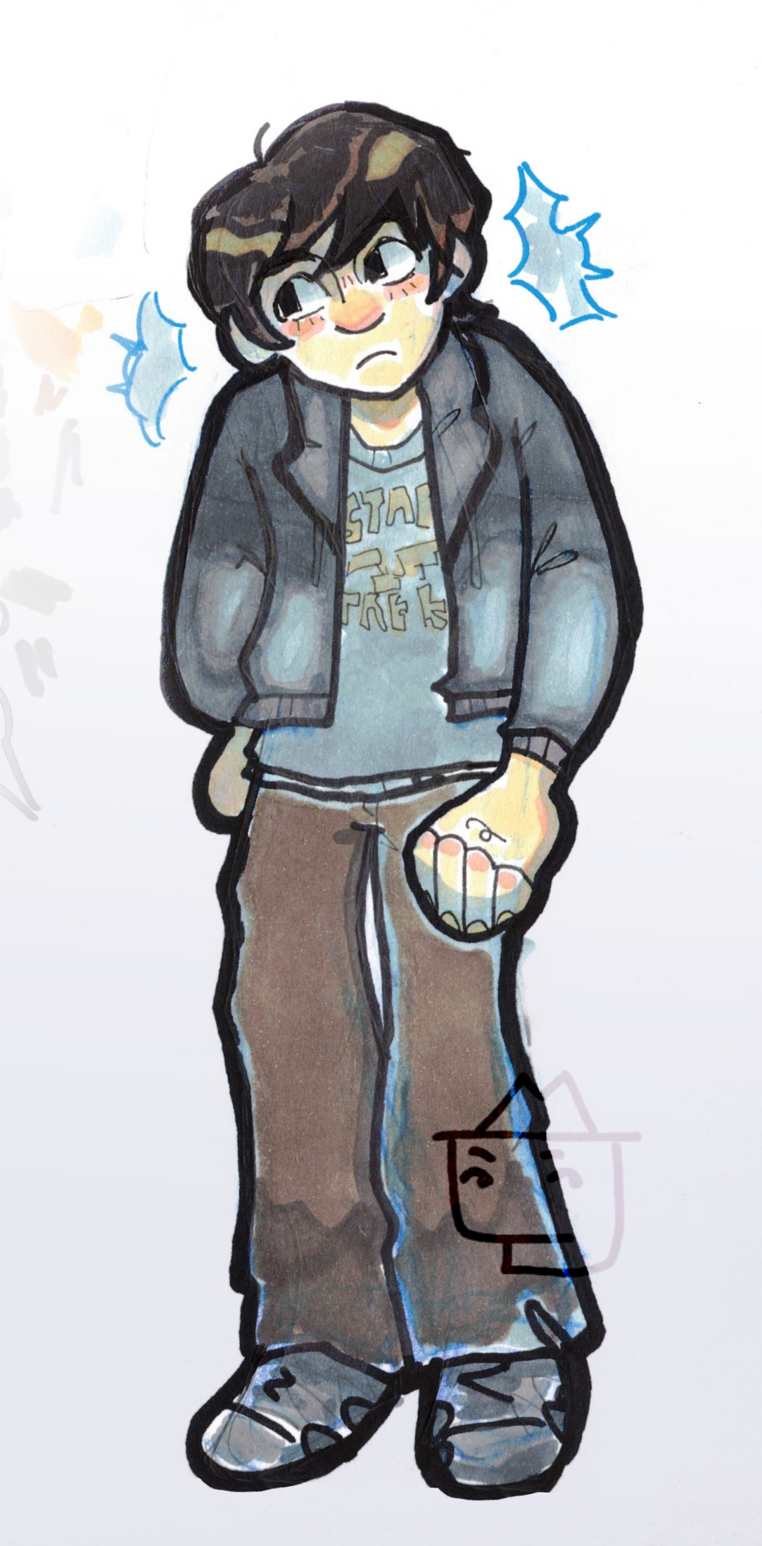 A drawing of Ethan from the TV show My Babysitter's a Vampire. He is a slouching teenager with middle-length brown hair. He wears a grey hoodie, with a blue star trek shirt underneath. He wears baggy brown pants and grey sneakers.