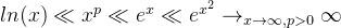 ln(x) \ll x^p \ll e^x \ll e^{x^2} \rightarrow_{x\rightarrow \infty, p>0} \infty