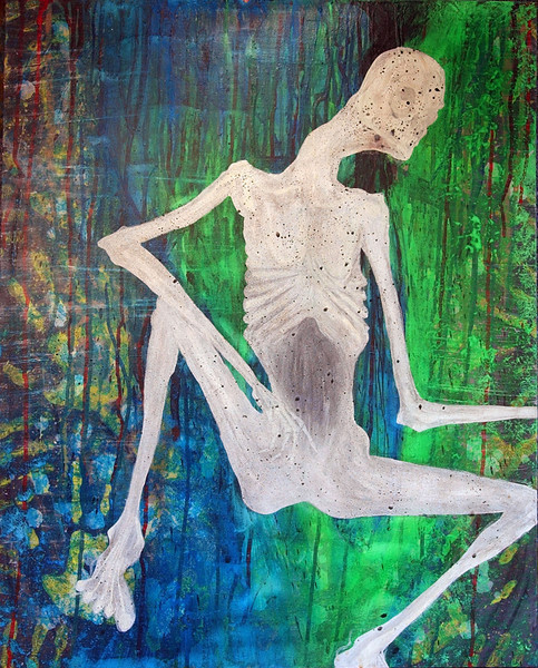 A grey-skinned, corpselike human figure is seated in the center of the image. The figure's face is not visible and it is starvation-skinny, with bones protruding all over. The background is predominantly blue and green with other colours and many long streaks of paint running down the canvas.