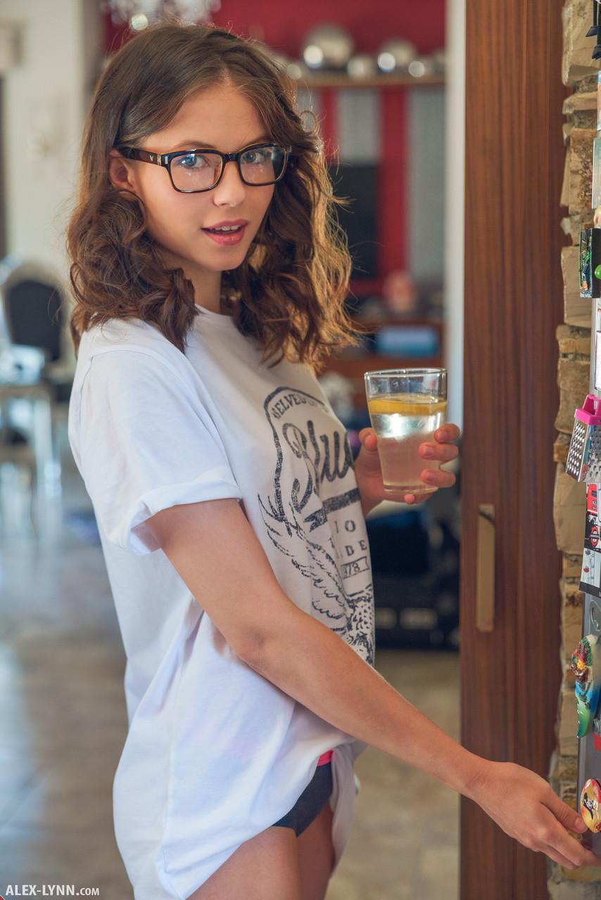 Teen with glasses Hilary gets nude in the kitchen to enjoy her lemon water(2)