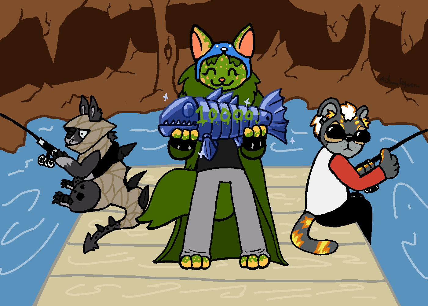 A drawing of neopet versions of WV, Nepeta, and Dave set on the dock of Ye Olde Fishing Vortex. Nepeta is a speckled wocky with a more olive-green coat and the white speckles were changed to lighter versions of the colors of candycorn horns. She proudly holds a Glistening Mechafish with 10000 painted on it. WV is an obsidian darigan gnorbu, with spikes poking through the wrappings here and there he is simply fishing off the side of the dock. Dave, a fire kougra, gives Nepeta a thumbs up from where he fishes, sittiing the other side of the dock. 
