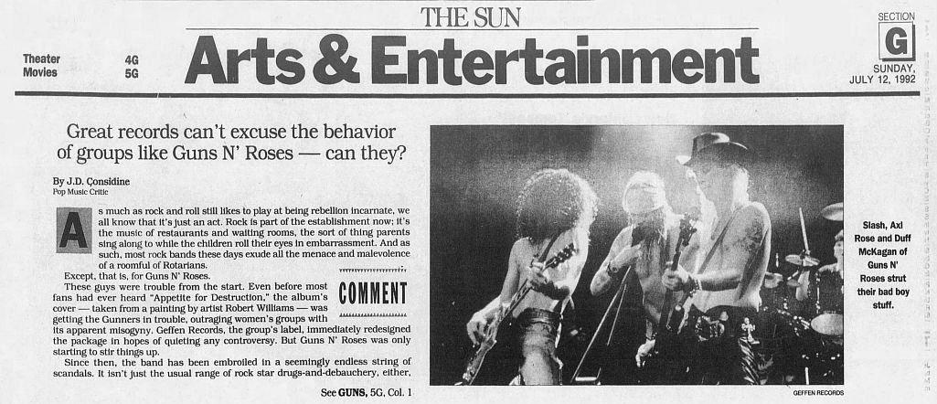 1992.07.12 - The Baltimore Sun - Great records can’t excuse the behavior of groups like Guns N’ Roses — can they? F6A3X2zn_o