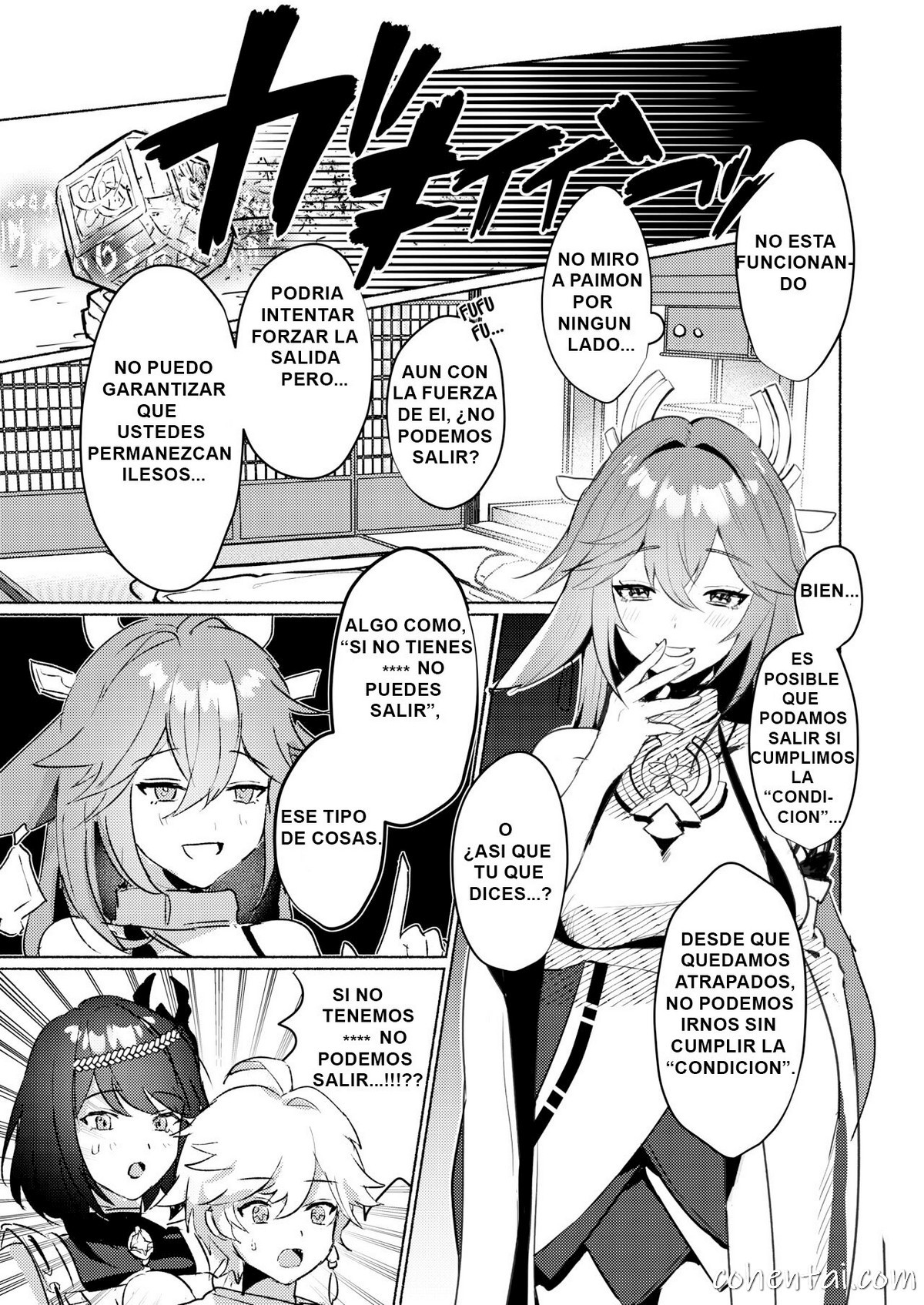 Inazuma Gosanke to Sex Shinai to Derarenai Hikyou (Genshin Impact) manga hentai xxx español