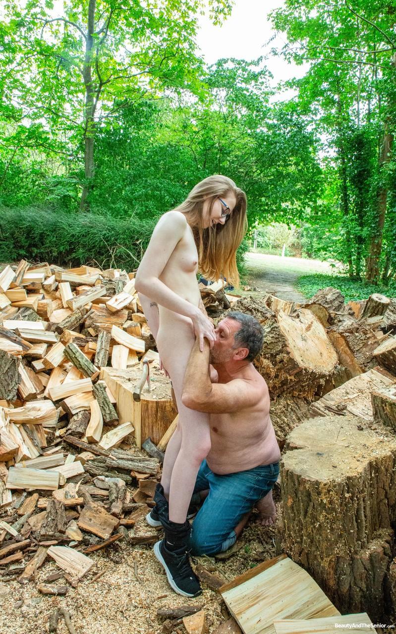 Lustful teen Abela getting fucked hard by an old man outdoors in the woodpile(6)