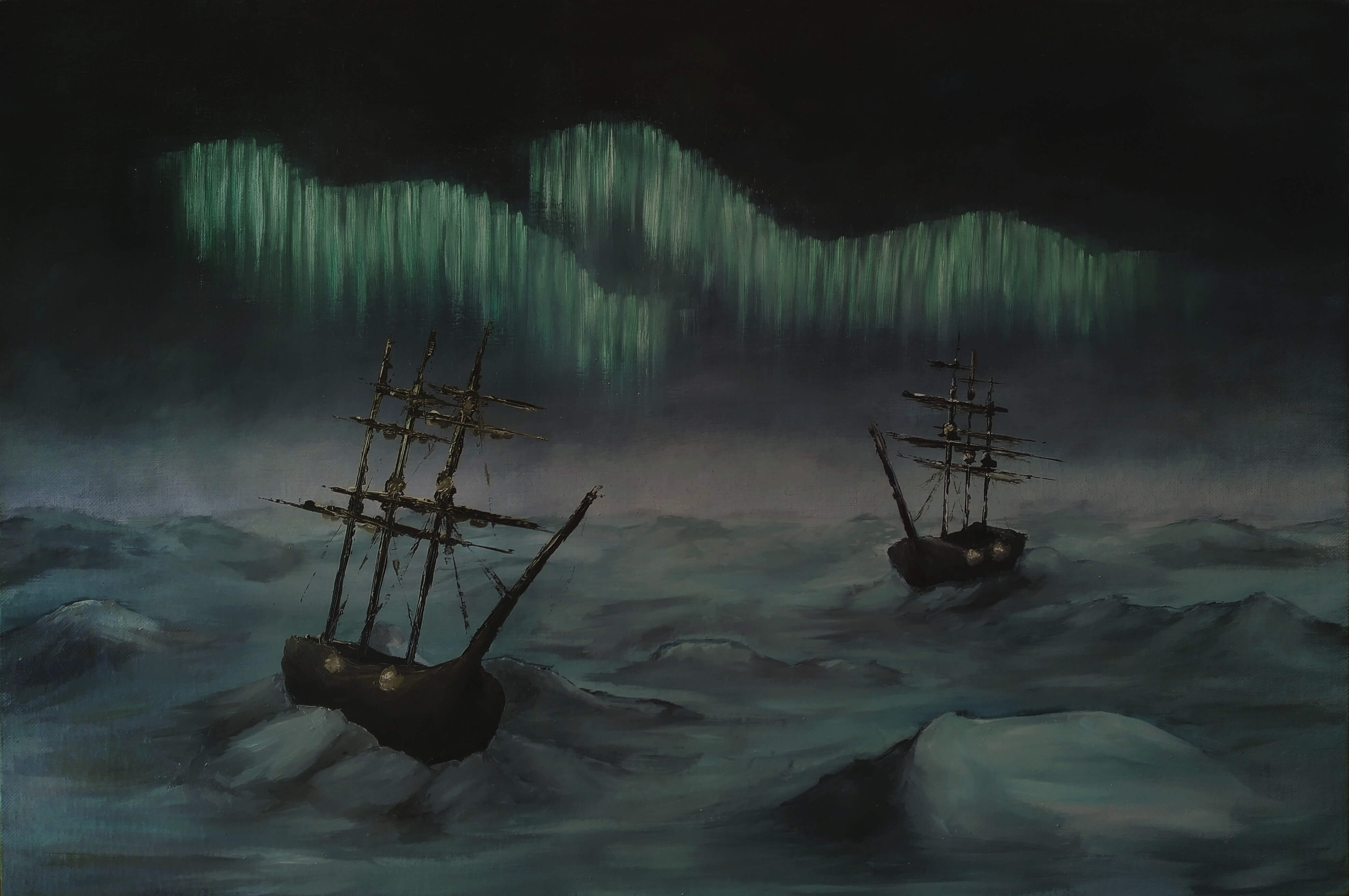 Two ships frozen in a sea of ice under the northern lights