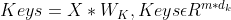 Keys=X*W_{K} , Keysepsilon R^{m*d_{k}}