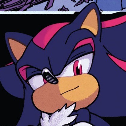 image of Shadow the Hedgehog. his head is slightly tilted to the left, and he's looking to the bottom-right, smirking.