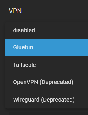 VPN dropdown - Gluetun selected