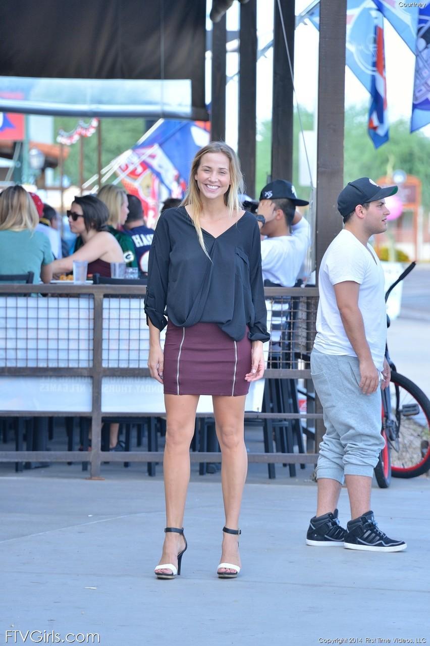 Glamorous blonde in a miniskirt Courtney flaunting her nice tits in public(1)