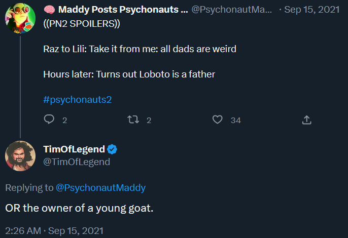 a twitter screenshot of someone asking tim schafer about dr loboto's child