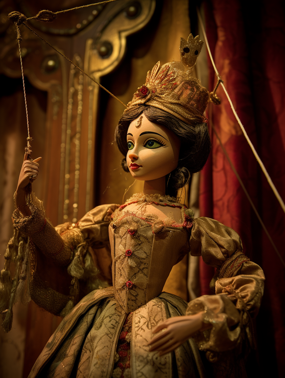 The maiden. A princess puppet, white dress and brown hair, wearing a crown