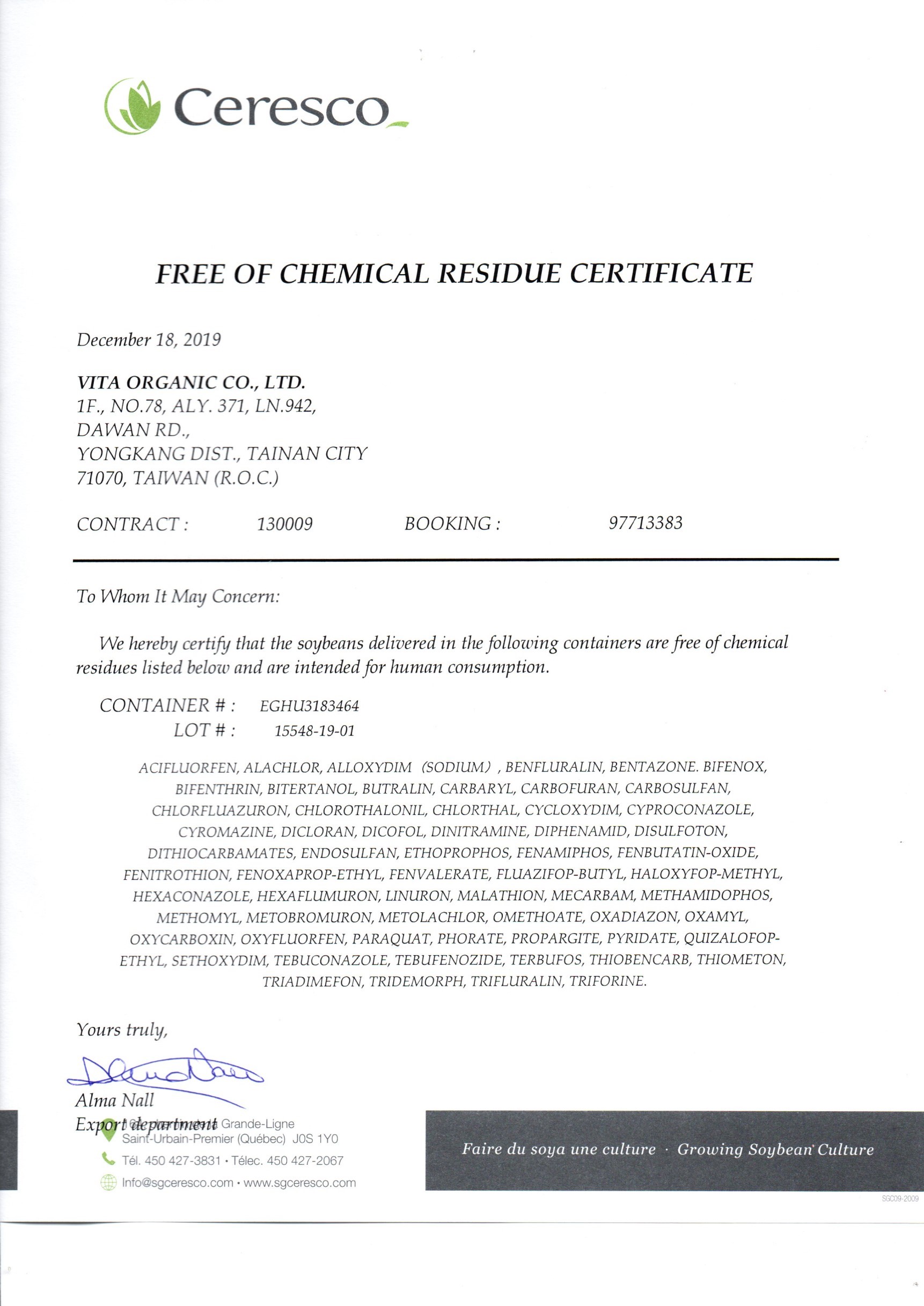 加拿大SG有機黃豆-無化學殘留證書