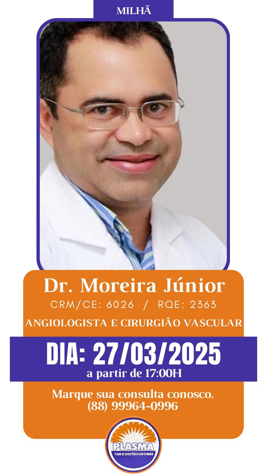 Dr Moreira Junior, Angiologista cirurgiao vascular 27-Março quinta-feira, 17hs por ordem de chegada