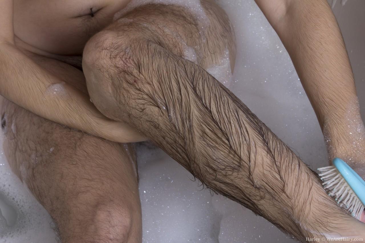 Brunette babe Harley shows her hairy legs and combs her pussy in the bathtub(14)