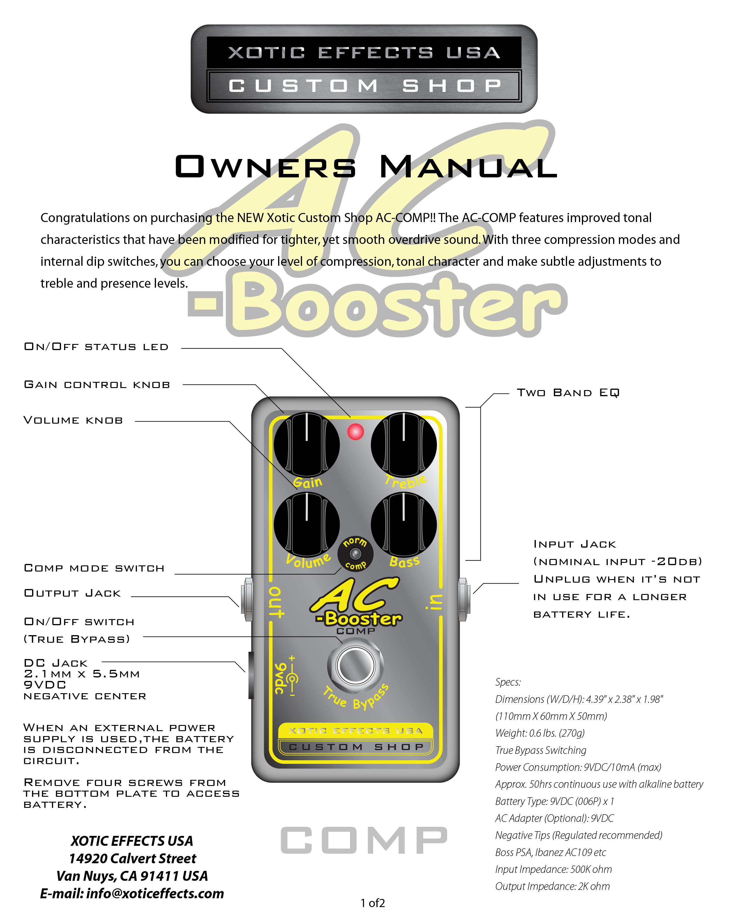 爵士樂器】 Xotic AC Booster COMP Custom Shop 增益破音效果器AC-COMP