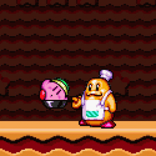 a gif of kirby being tossed around in a wok by Chef Kawasaki