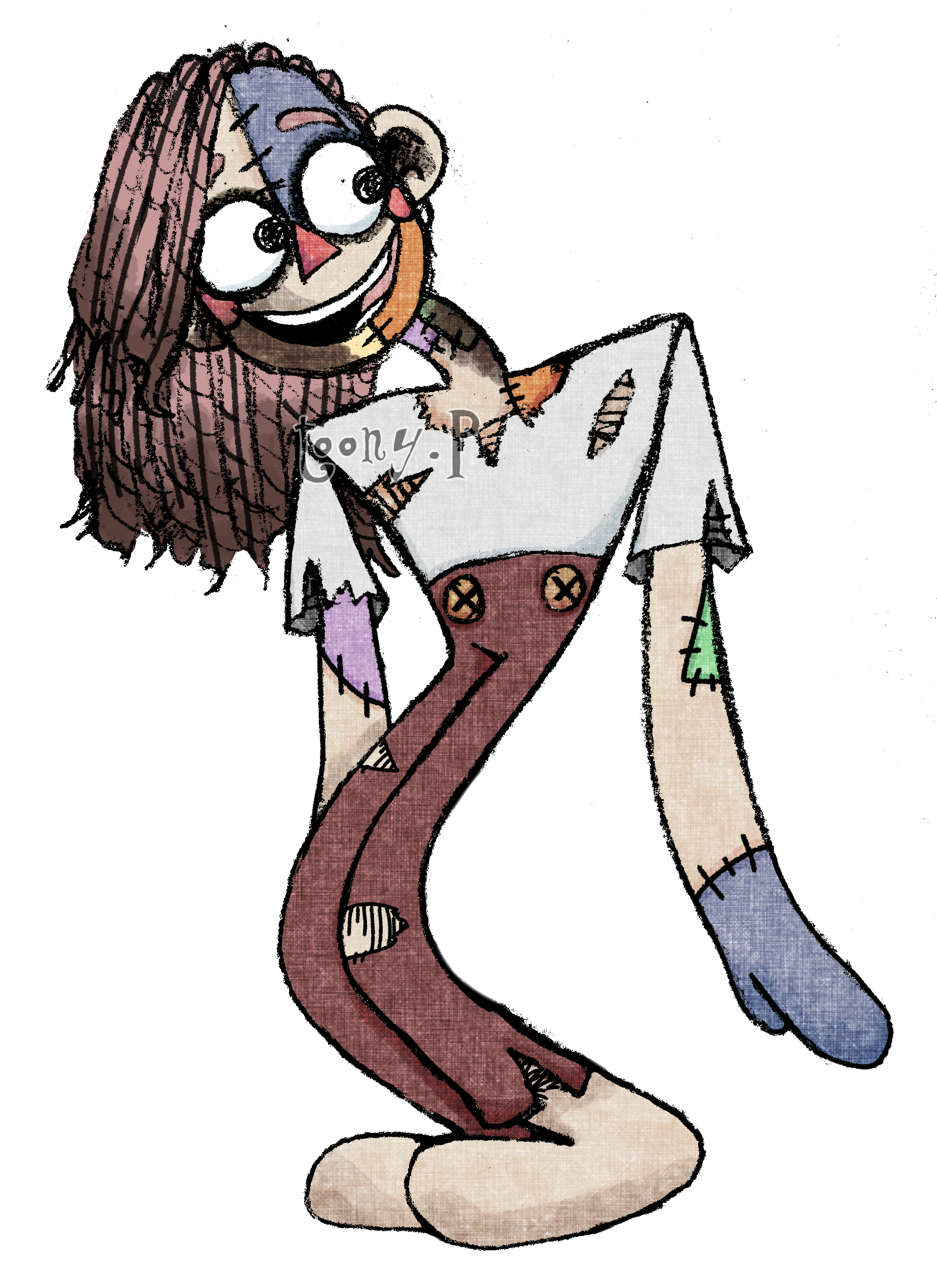 colored sketch artwork of a vaguely creepy living doll, smiling widely. it is patched up in various places, and their clothes are torn. they are wearing a short-sleeved off-white shirt, and brown pants with buttons on. they have long, faded brown hair made of wool.