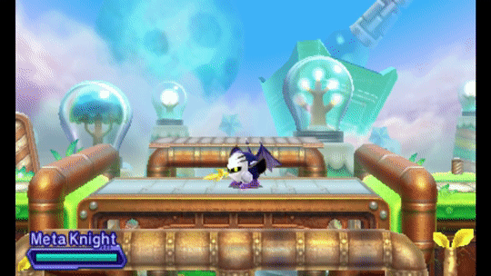 meta knight standing in a grassy level, holding up his sword for a few moments before jumping and performing a crescent air slash