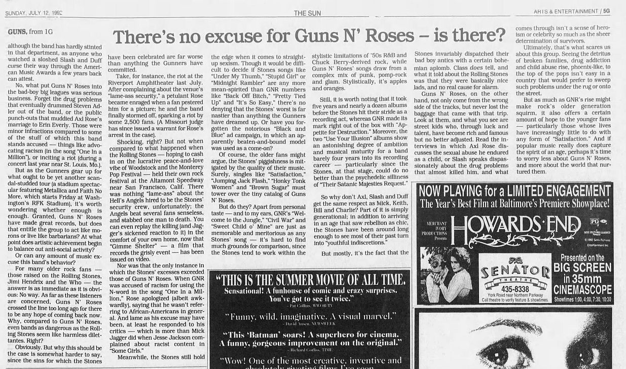 1992.07.12 - The Baltimore Sun - Great records can’t excuse the behavior of groups like Guns N’ Roses — can they? XdmVfghi_o