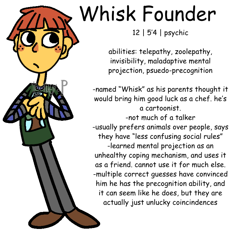 cartoon artwork of a young humanoid boy. he has yellow skin, rosy cheeks, freckles, orange bowlcut hair, a green shirt with a tree print, grey pants, and brown shoes.