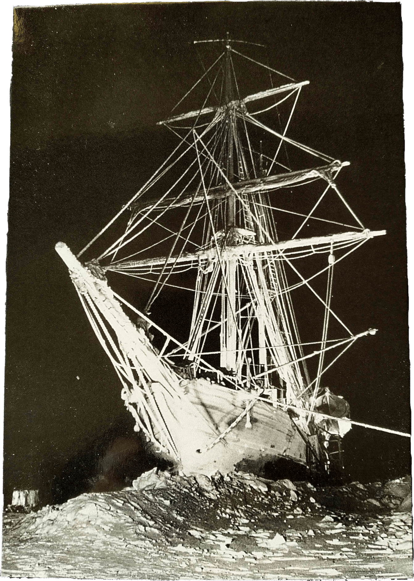 An old photograph of a ship trapped in ice