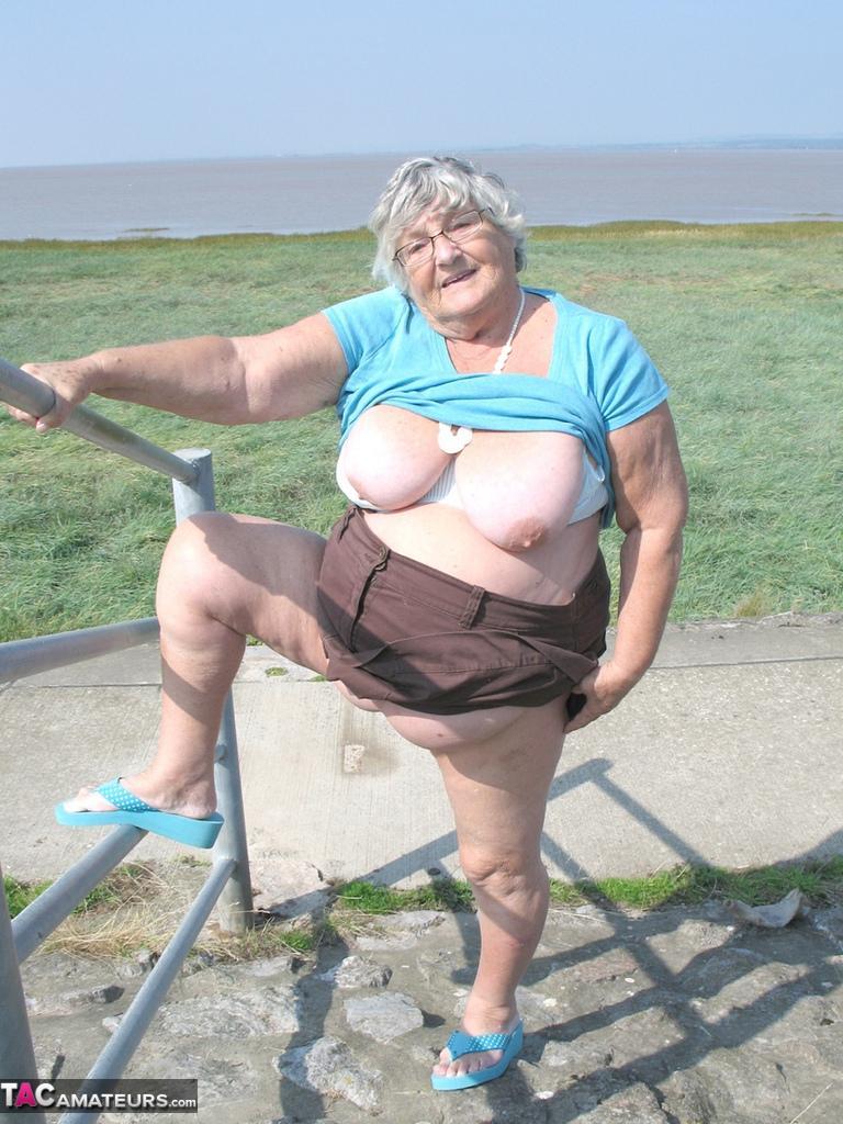 Fat old woman Grandma Libby exposes herself on a desolate bike path(13)